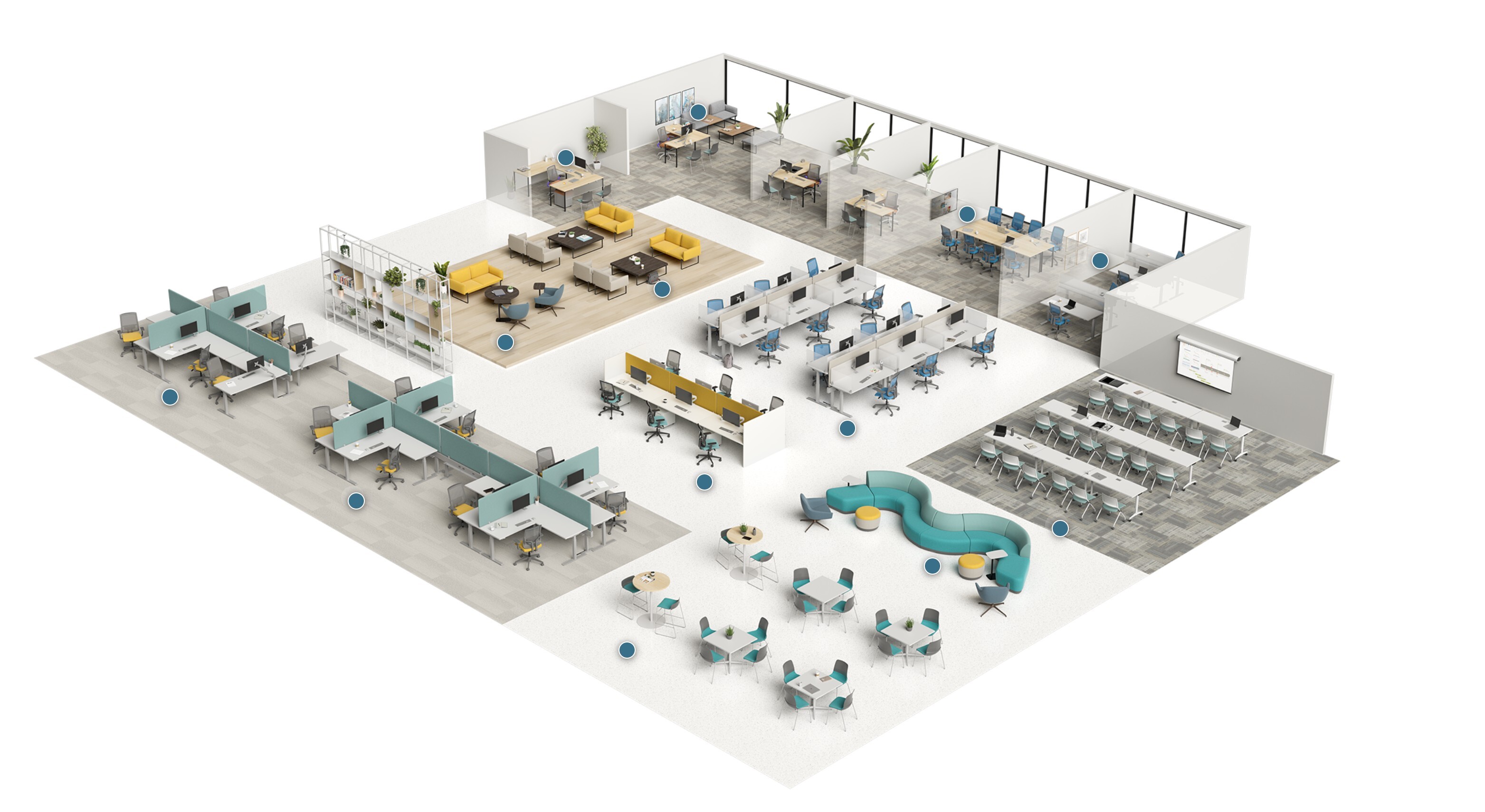 Isometric office space plan for an Orlando office showing open workstations, private offices, a conference room, training room and break area