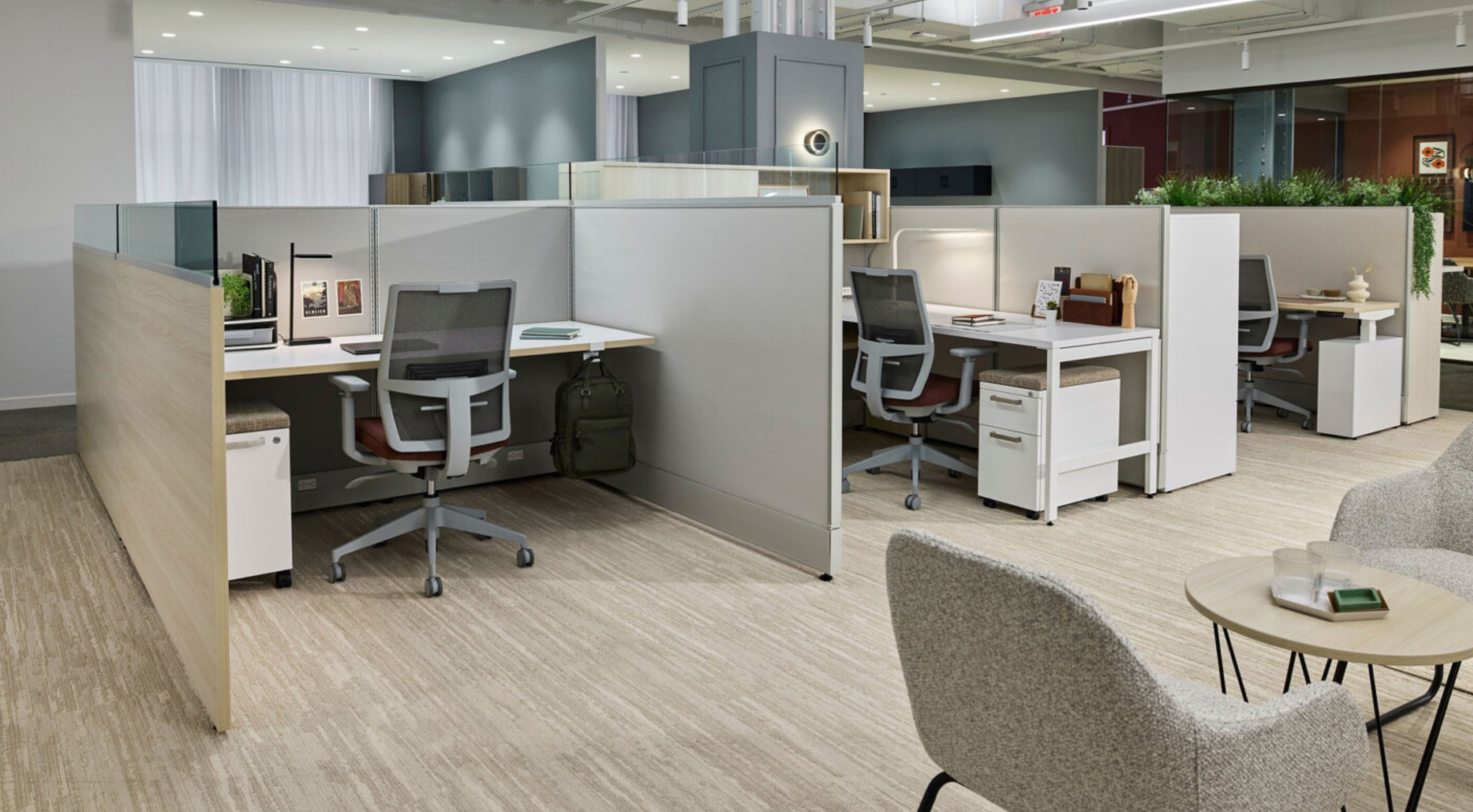 Office cubicle workstations with panel systems, task chairs and mobile pedestals installed in a Central Florida office